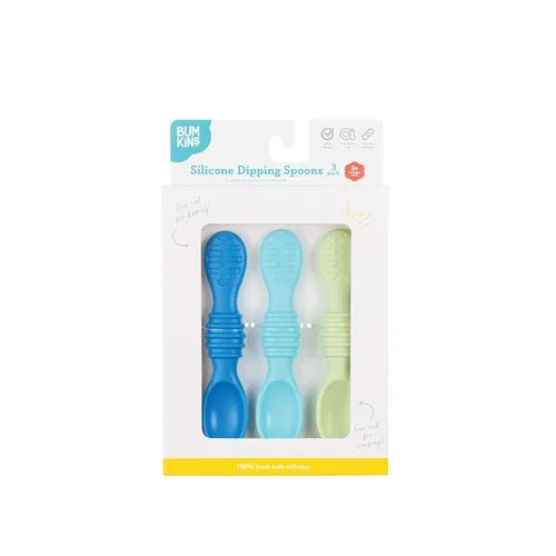 Vista 6 de Bumkins Juego de utensilios para bebé, cucharas de entrenamiento de silicona para sumergir, punta suave, autoalimentación, masticar, destete LED