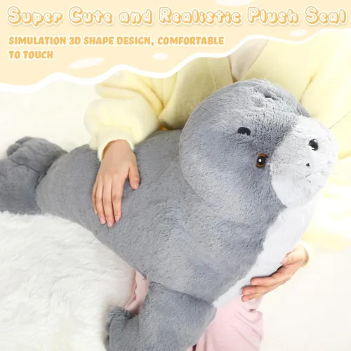 Vista 3 de Poen Peluche de foca gigante de 39 pulgadas, grande, grande, suave, tierno, color gris, adorable almohada grande, regalo para niños, compañero