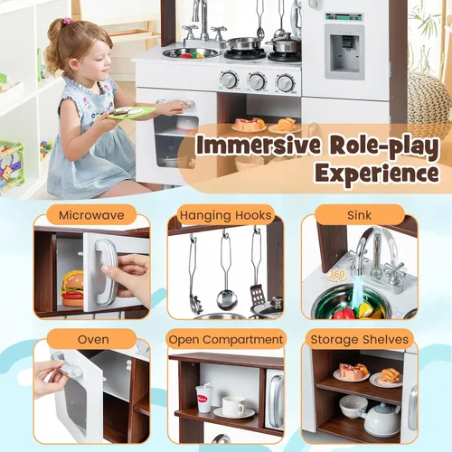 Vista 5 de HONEY JOY Juego de cocina para niños, cocina de madera para niños pequeños, utensilios de cocina, teléfono, reloj, dispensador de agua, gabinete