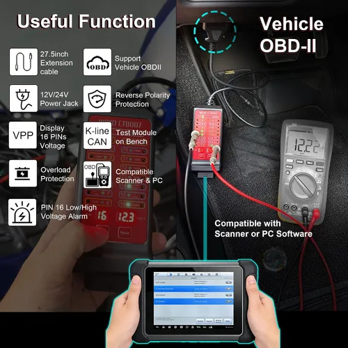 Vista 3 de Caja de ruptura OBD2, WOYO CTB007 12V/24V CAN Tester Box con cable de extensión OBD de 27 pulgadas, voltaje VPP digital de 16 pines, herramienta