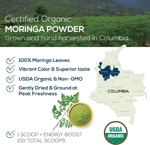 Vista 2 de Moringa orgánica en polvo, moringa colombiana recién molida, orgánica USDA, sin OMG, sin gluten, en una bolsa resellable para batidos, lattes