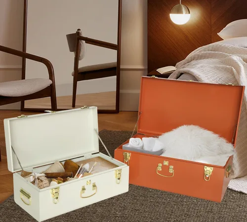 Vista 4 de Vixdonos Juego de 2 baúles decorativos de metal grande, organizador de dormitorio universitario con cerrojos y asa para decoración del hogar, 23.7 x
