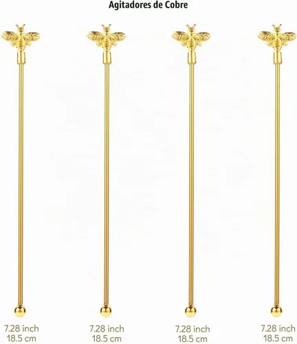 Vista 2 de 4 piezas de agitadores de cóctel Bumble Bee, varillas de acero inoxidable de 19 cm con parte superior decorada en oro para mezclar cócteles