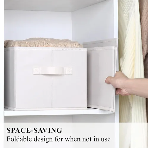 Vista 3 de WUIKE Cestas de almacenamiento para estantes, contenedores de almacenamiento de tela con asas, cesta plegable para estantes organizadores y Beige