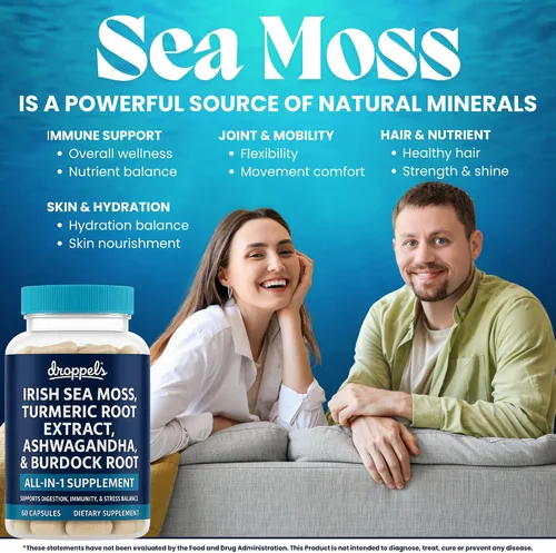 Vista 6 de Droppels Cápsulas de musgo marino irlandés con raíz de cúrcuma, Ashwagandha, pimienta negra y raíz de bardana, mezcla mineral natural para apoyo
