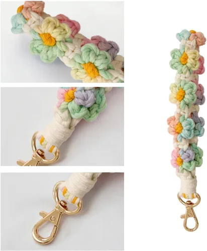 Vista 5 de Poagoep Llavero bohemio hecho a mano, llavero de muñeca, llavero de muñeca para llaves, lindo llavero de margarita para mujer