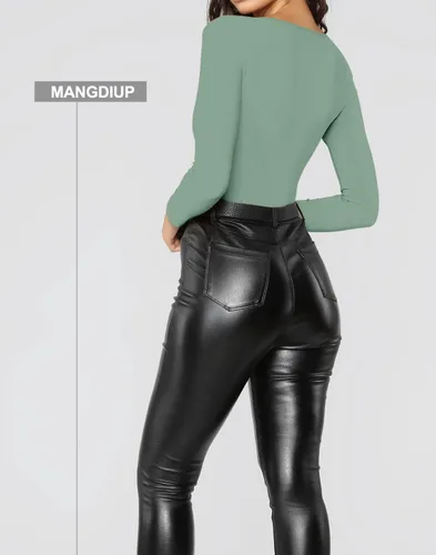 Vista 189 de MANGDIUP Body esencial para mujer, cuello redondo, manga larga, ajustado, elástico, de algodón y elastano