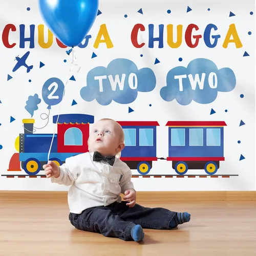 Vista 2 de Telón de fondo de feliz segundo cumpleaños de 7 x 5 pies, tren azul y rojo para niño, Chugga Chugga, dos dos nubes, plano de fotografía, fondo