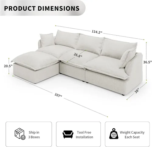 Vista 2 de Cloud - Sofá modular convertible grande en forma de L de 114.2 pulgadas, sofá modular de relleno de plumón, fundas de cojín desmontables, sofá