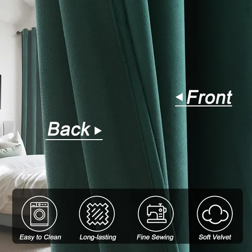 Vista 3 de Cortinas opacas de terciopelo verde oscuro de 84 pulgadas de largo, con ojales, para dormitorio, bloqueo de luz, aislamiento térmico, juego de 2