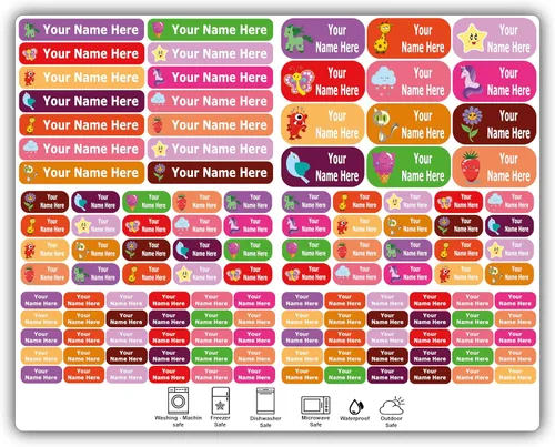 Vista 7 de 126 Etiquetas de Nombre Personalizadas – Diseños de Iconos para Niños, Niñas y Niños. Etiquetas Impermeables para Escuela, Guardería y Campamento.