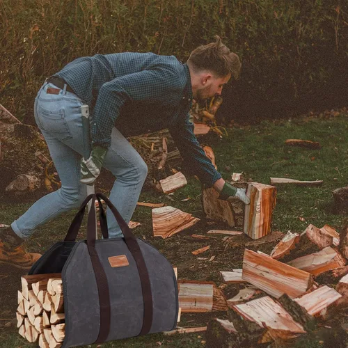 Vista 5 de Bolsa de lona encerada de leña con asas, soporte de leña resistente, para chimenea, accesorios para estufa de leña para campamento, barbacoa