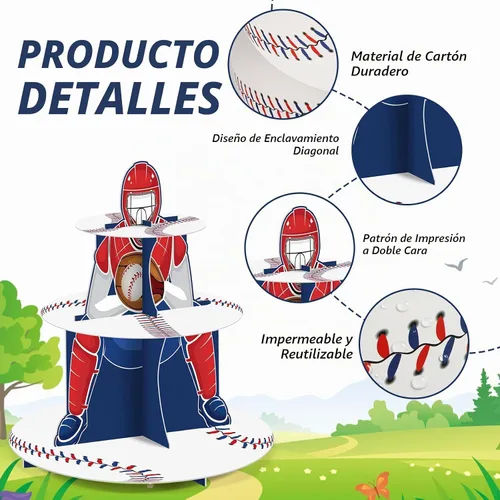 Vista 3 de Zopeal Soporte para Cupcakes de Béisbol Decoraciones de Fiesta de 3 Niveles Soporte para Cupcakes de Postre de Béisbol Exhibidores de Mesa