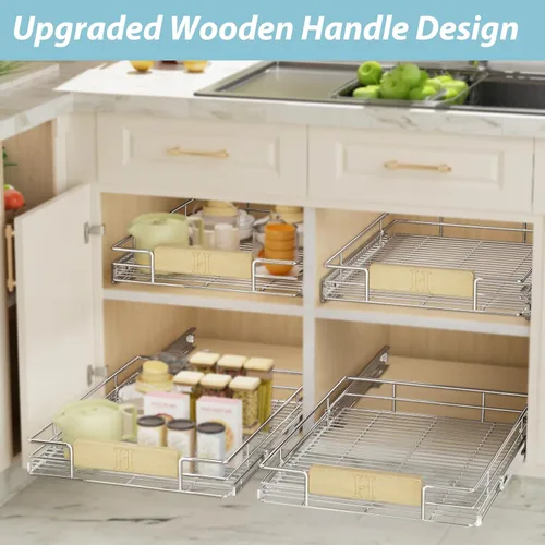 Vista 6 de LOVMOR Organizador de gabinete extraíble con mango de madera, 16½ pulgadas de ancho x 21½ pulgadas, organizador deslizante para cocina, despensa