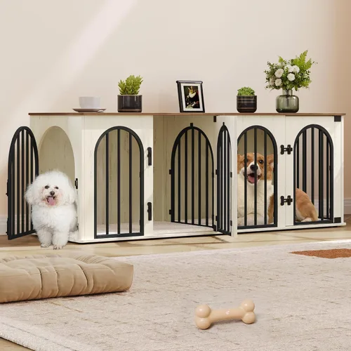 Vista 18 de Hzuaneri 63" Mueble de jaula para perros para 2 perros, jaula de perro interior resistente con soporte para TV, jaula de madera para perros L