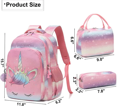 Vista 3 de Meisohua Mochilas escolares para niñas, mochila de unicornio con bolsa de almuerzo y estuche para lápices, juego de bolsas escolares 3 en 1