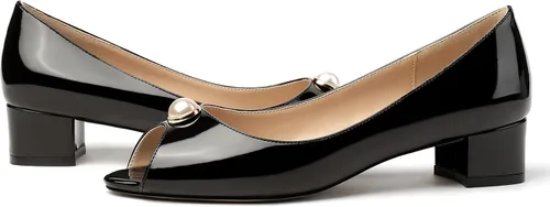 Vista 6 de MODENCOCO Zapatos de tacón bajo grueso para mujer, con puntera abierta, decoración de perlas, 1.5 pulgadas