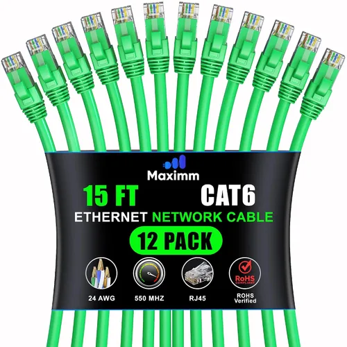 Vista 70 de Maximm Cable Ethernet Cat6 de 7 pies, 10 Gbps 550 MHz, negro, paquete de 12