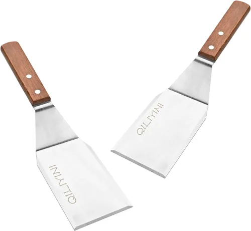 Vista 6 de Espátula de acero inoxidable para sartén de hierro fundido, espátula para parrilla con mango de madera, tortitas de metal resistente