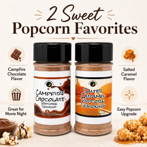Vista 4 de Premium Paquete de 2 condimentos para palomitas dulces Chocolate y caramelo! Dúo de condimentos de palomitas dulces con sabores Campfire