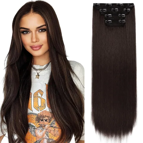 Vista 27 de REECHO - Juego de 4 extensiones de cabello sintético con clip de 12 pulgadas, 14 pulgadas y 16 pulgadas, lacio, largo y grueso, marrón oscuro