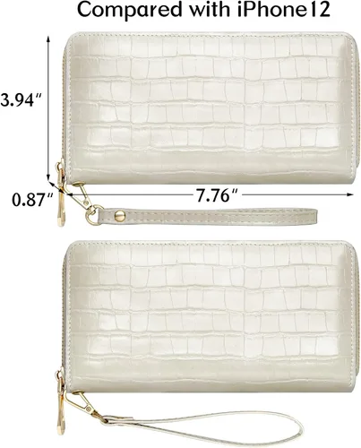 Vista 4 de Badiya Cartera para mujer con bloqueo RFID de cuero con cremallera de gran capacidad para tarjetas de crédito bolso largo Blanco