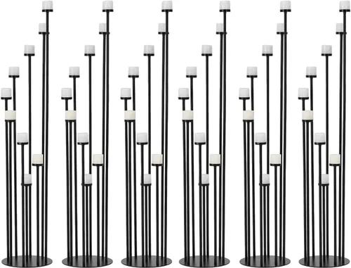Vista 10 de 2 portavelas altos para velas de pilar, candelabros negros de 9 brazos, centro de mesa para velas de pilar cónico, centros de mesa florales
