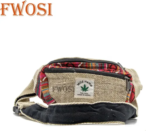 Vista 4 de FWOSI Hippie Style Riñonera de cáñamo puro para el vientre, para hombres y mujeres, para senderismo, viajes, bolsa de playa bohemia para uso