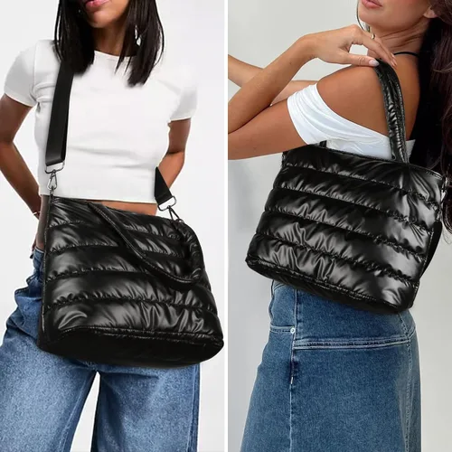 Vista 2 de YFGBCX Bolsa de mano acolchada para mujer, ligera, de invierno, de algodón, acolchada, para el hombro, con relleno de plumón