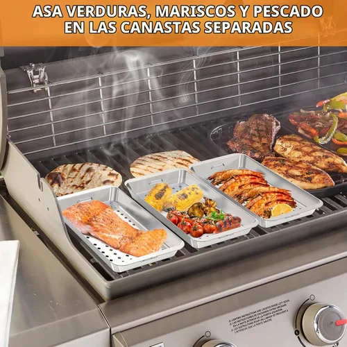 Vista 5 de Onlyfire - Juego de cestas para parrilla, 5 sartenes de acero inoxidable