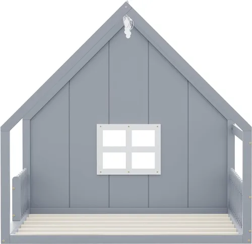 Vista 6 de Polibi Cama de casa de tamaño completo, marco de cama de piso de madera con ventana y valla para niños, gris