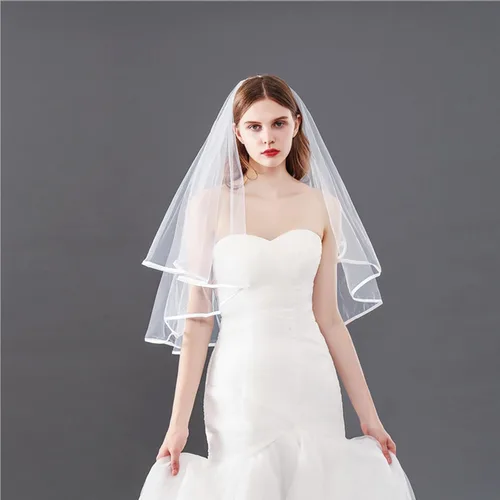 Vista 5 de auwiyd Velo de novia corto velo de boda con borde de satén con peine para mujeres y niñas, velo de borde de cinta de 2 niveles para boda, despedida