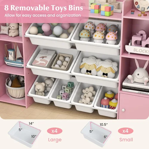 Vista 5 de HONEY JOY Organizador de almacenamiento de juguetes para niños, armario de almacenamiento de piso de madera con 8 contenedores extraíbles, estante