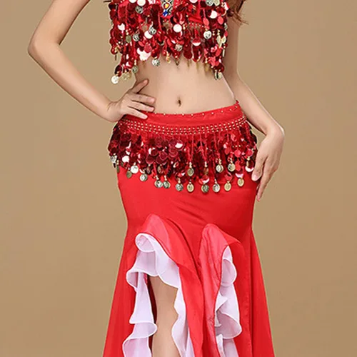 Vista 4 de Pañuelo para danza del vientre, falda para danza del vientre, monedas de lentejuelas brillantes, disfraces de bailarina del vientre para mujer
