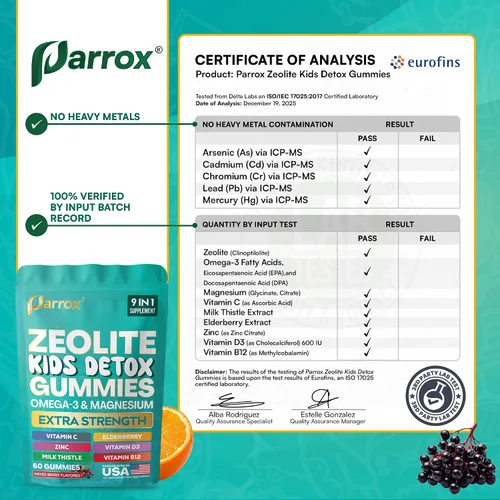 Vista 8 de Gomitas de Zeolita Parrox para Niños, 9-en-1 con Zeolita, Omega-3, Magnesio, Saúco, Vitamina C, Cardo Mariano, Vitamina D3, Zinc, B12 – Sin Azúcar