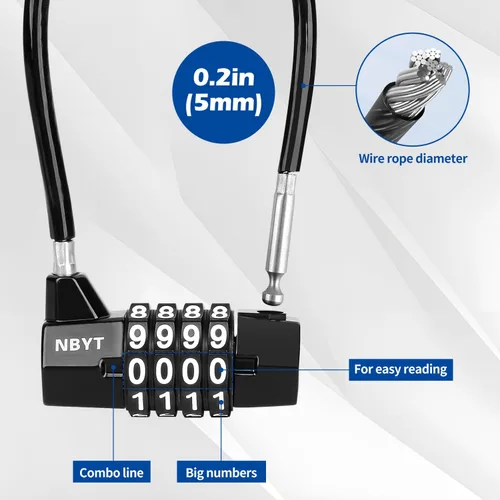 Vista 3 de Cerraduras de cable con combinación, cable de acero con cerradura de combinación de 4 dígitos con código reiniciable para bicicletas, taquillas
