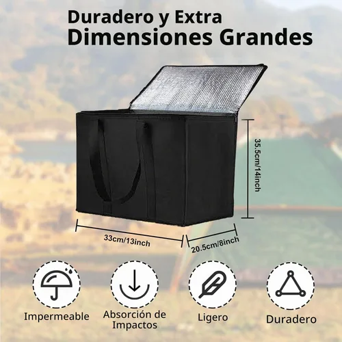 Vista 4 de Longzhuo Paquete de 3 bolsas de comestibles aisladas con cierre superior, bolsas de compras negras con asas, bolsa enfriadora plegable reutilizable