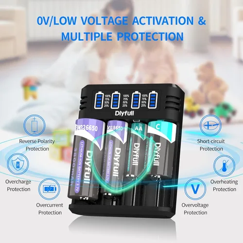 Vista 5 de Dlyfull Cargador de batería 18650, cargador universal rápido para baterías recargables de 3.7V Li-ion IMR INR ICR 21700 10340 17335 17670 18500