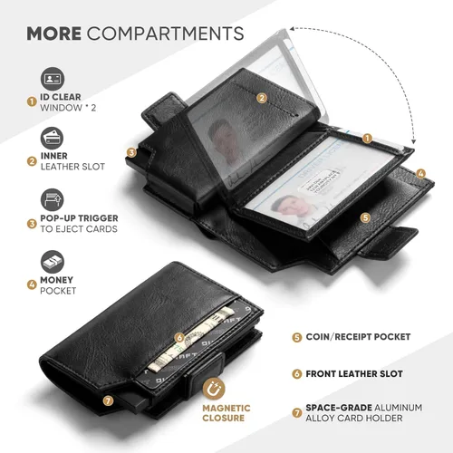 Vista 2 de DUGRAFT Cartera con bolsillo para monedas, cierre magnético, bloqueo RFID, tarjetas emergentes con ventana de identificación y organizadores