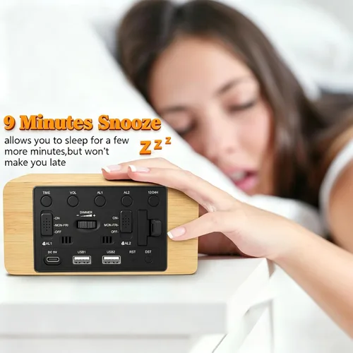 Vista 9 de URAYCO Reloj despertador digital de madera con cargador inalámbrico rápido de 10W, puertos de carga USB, DST, atenuable, modo repetición, pantalla