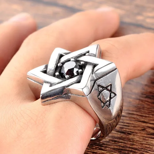 Vista 4 de JAJAFOOK Mens Cubic Zirconia Stainless Steel Ring, Vintage Star of David, Black Silver