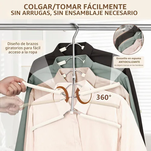 Vista 2 de Perchas de ropa que ahorran espacio, 6 niveles antideslizantes para camisas Beige