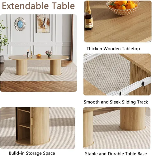 Vista 5 de Mesa de comedor redonda extensible de 94 pulgadas con base de almacenamiento, mesa de comedor expandible natural para 10, mesa de comedor de madera