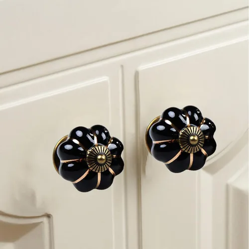Vista 4 de Pomos de cerámica para gabinete, paquete de 4, manijas de puerta de calabaza elegantes y vintage para cocina/cajón/armario/armario (negro, 4 piezas)