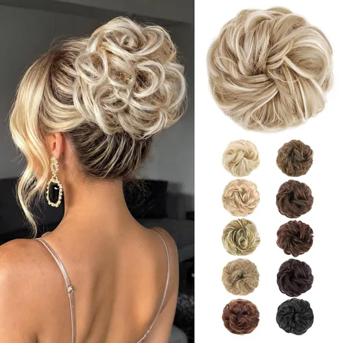 Vista 17 de MORICA Moño desordenado, extensiones de moño sintético para mujeres (rubio beige ceniza)