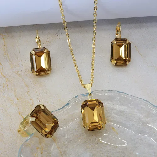 Vista 5 de HSQYJ Conjunto de joyas de cristal de color de moda, colgante de geometría rectangular, collar de diamantes de imitación, anillos y pendientes