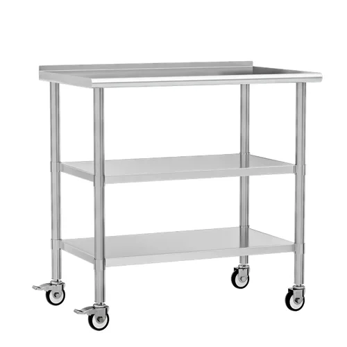 Vista 18 de Mesa de trabajo de acero inoxidable con ruedas, 24x24 pulgadas, mesa de preparación de alimentos NSF con salpicadero y estante inferior ajustable