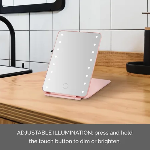 Vista 3 de MELANNCO Espejo de tocador con luces, 7.8 x 5.3 pulgadas, espejo de maquillaje LED de oro rosa para escritorio, 16 bombillas LED, plegable