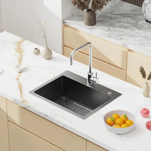 Vista 9 de Fregadero de cocina empotrable de 20" x 16" de acero inoxidable 304 de un solo compartimento montaje superior para bar con kit de drenaje y rejilla