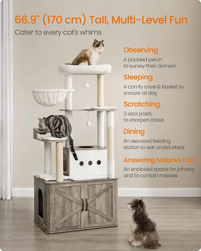 Vista 3 de Feandrea Árbol para gatos, torre para gatos de 66.9 pulgadas con caja de arena, condominio grande con estación de alimentos, almacenamiento, postes